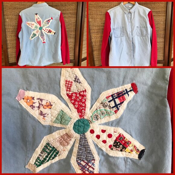 Upcycled Denim Shirt Jacket (M-L): Vintage Quilt Patchwork, Waffle Knit Sleeves - Picture 12 of 12